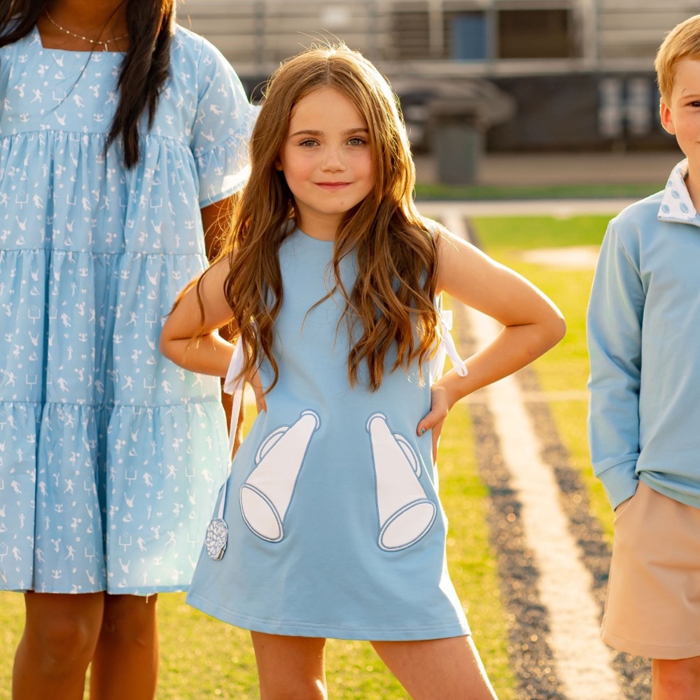 The Yellow Lamb Girls Game Day Jumper Dress Cheer Megaphone Pockets Blue Size 2